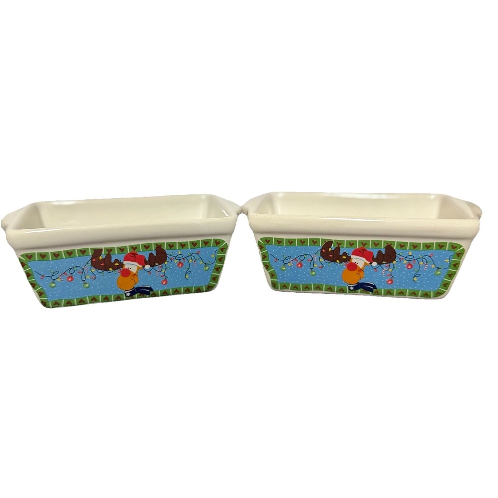 Reindeer  With Chrismas Light's Mini Loaf Ceramic Pan Baking Dish - Set of 2